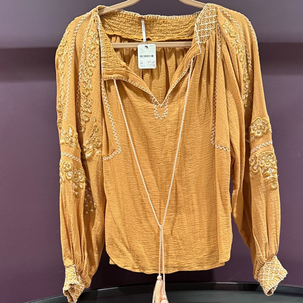 Free People NWT Mustard Color Embroidered Top